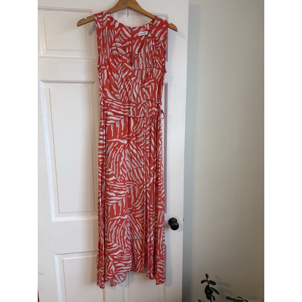Calvin Klein Womens Coral White Abstract Zebra Maxi Dress Sleeveless Faux Wrap